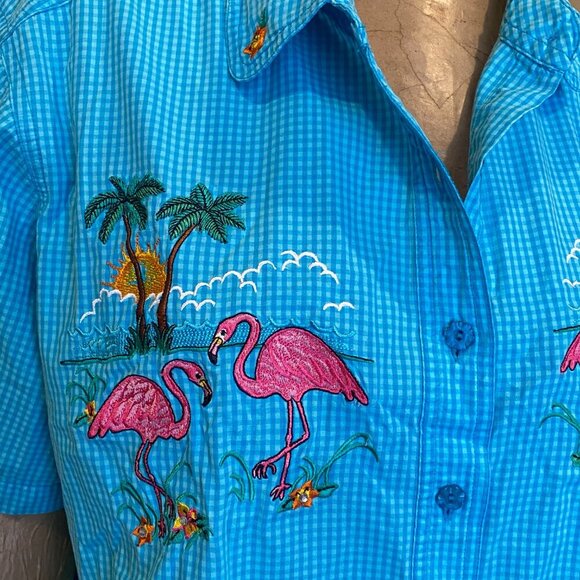 Bobbie Brooks Gingham Embroidered Flamingo Button Down Top 18W/20W #192J - Picture 5 of 8